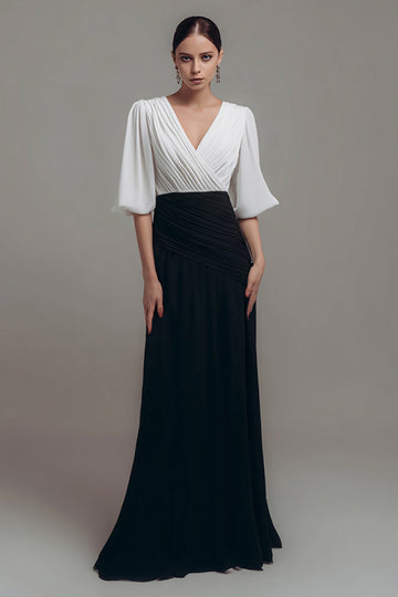 Black and White Ruched Wrap Formal Dress With Half Sleeves